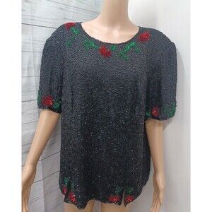 Vintage Scala Black Beaded Floral Sequins Silk Short Sleeve Blouse Shirt Top 2X
